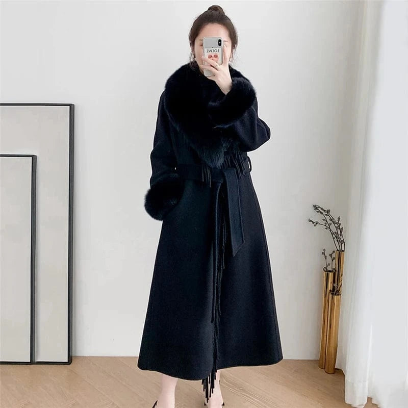 2022 New Elegant Belted Tassels Fashion Blue Color Women Long Wool Cashmere Coat