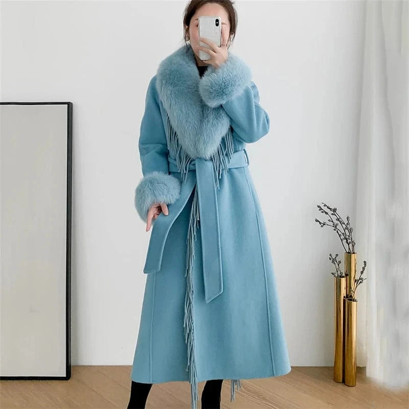 2022 New Elegant Belted Tassels Fashion Blue Color Women Long Wool Cashmere Coat
