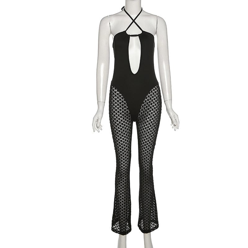 2022 New Fashion Hollow Out Sexy Lace Jumpsuit See Through Sleeveless Romper Women Clubwear