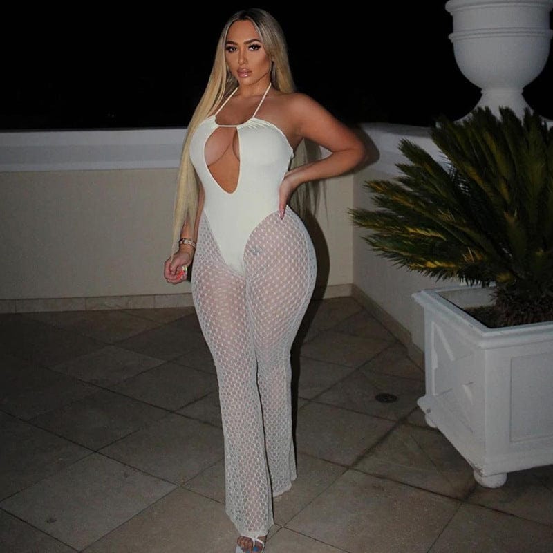 2022 New Fashion Hollow Out Sexy Lace Jumpsuit See Through Sleeveless Romper Women Clubwear