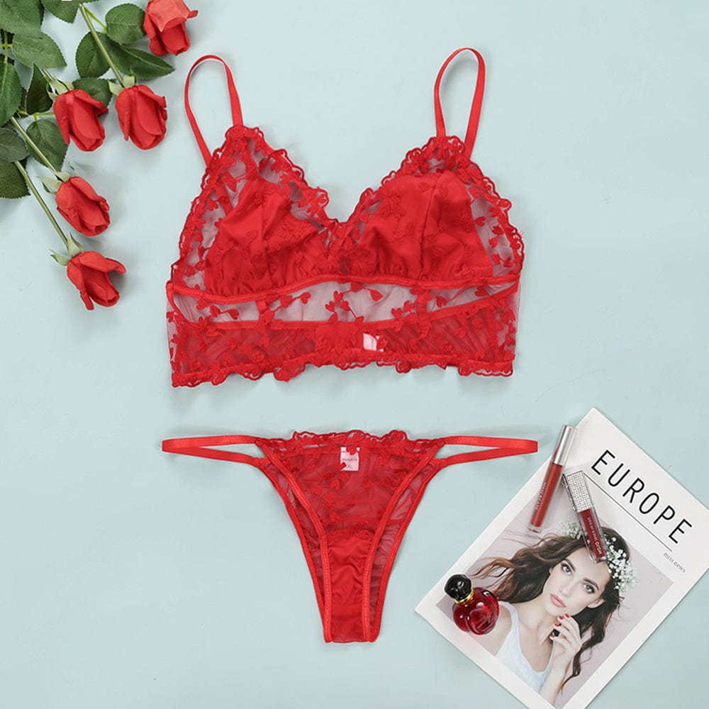 2022 New Fashion Plus Size Underwear Red Lace Embroidery Bras And Panties Set Plus Size Lingerie