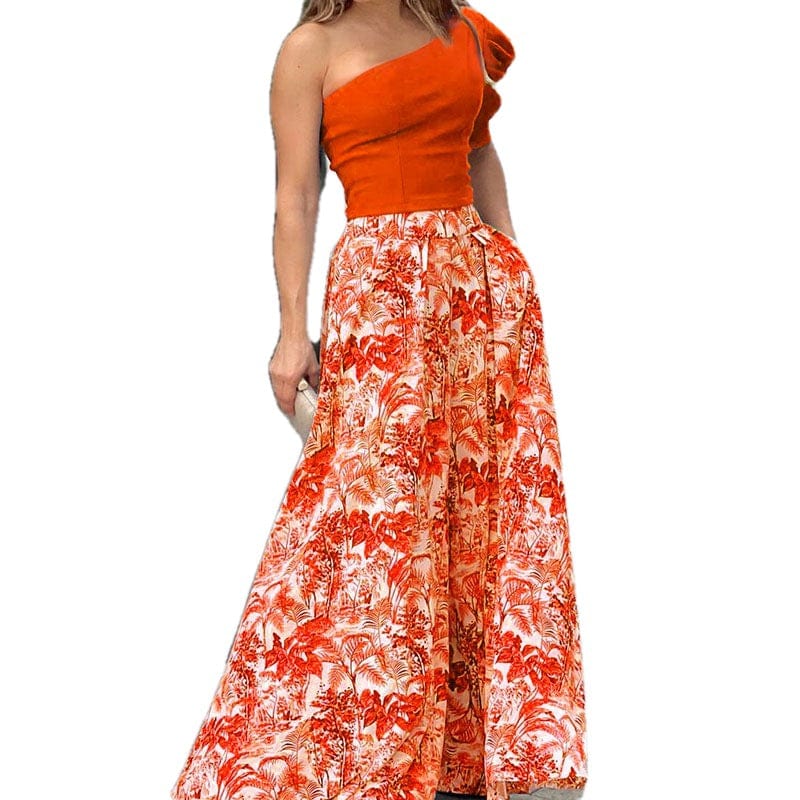 2022 New Fashion Women Floral Printing One Shoulder Tank Top and Maxi Skirt 2 Piece Set Dress Suit