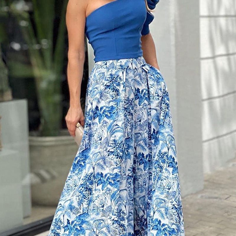 2022 New Fashion Women Floral Printing One Shoulder Tank Top and Maxi Skirt 2 Piece Set Dress Suit