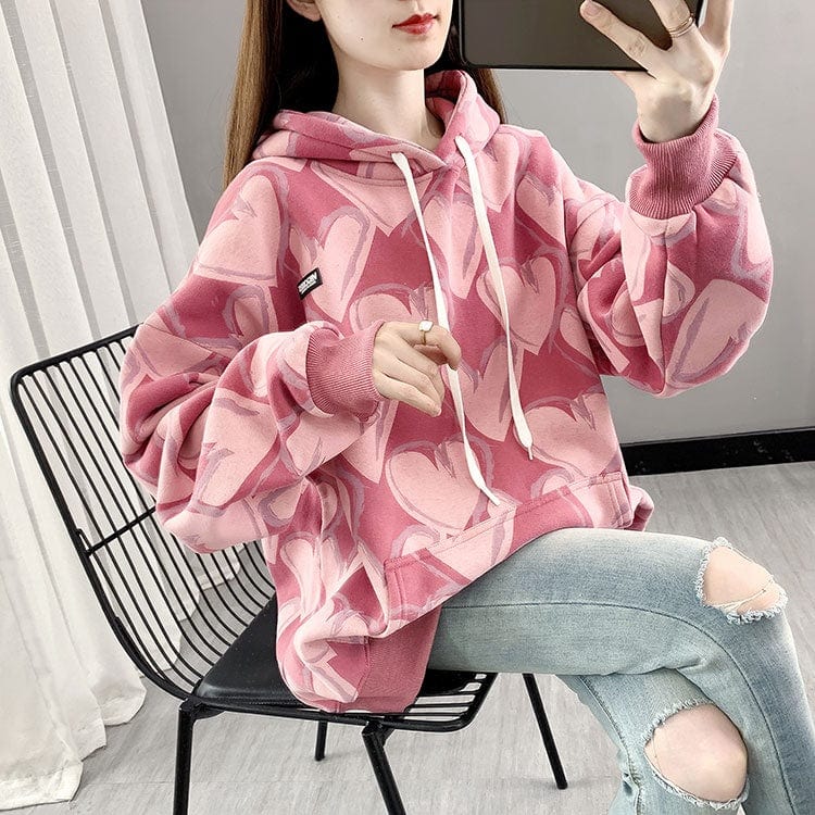 2022 New Fashion Women's Thickened Fleece Long Sleeve Love Casual Pullover Hoodie