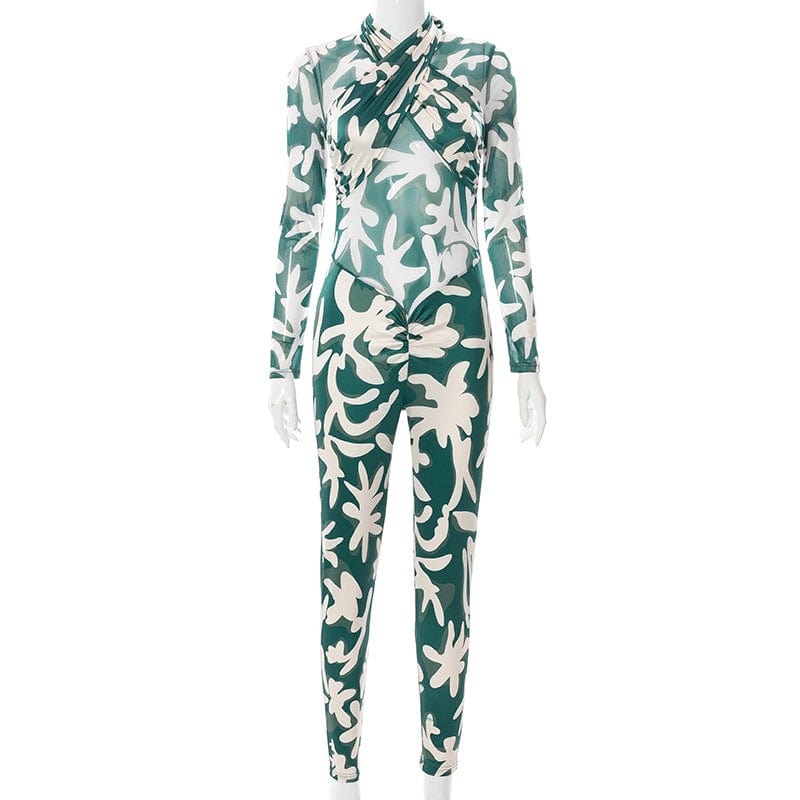 2022 New Spring Women Halter Mesh Jumpsuit Sexy Long Sleeve Printed Women One Piece Elastic Yoga Jumpsuit