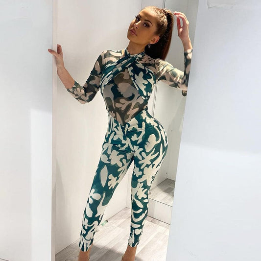 2022 New Spring Women Halter Mesh Jumpsuit Sexy Long Sleeve Printed Women One Piece Elastic Yoga Jumpsuit