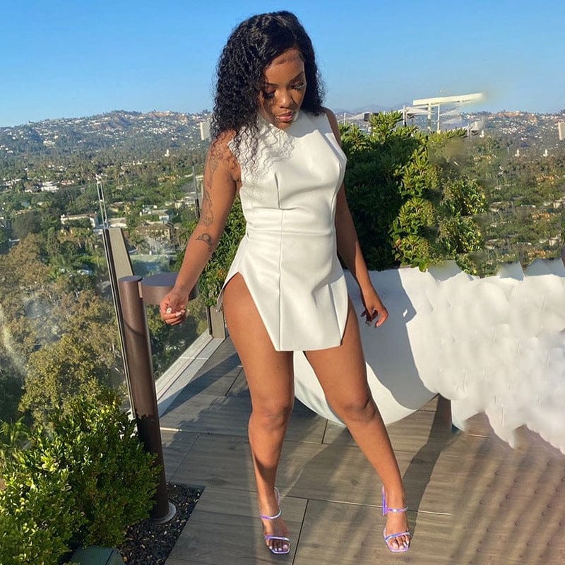 2022 New Spring Women Mini Dress Sexy Split  Ladies Sleeveless PU Leather Dress