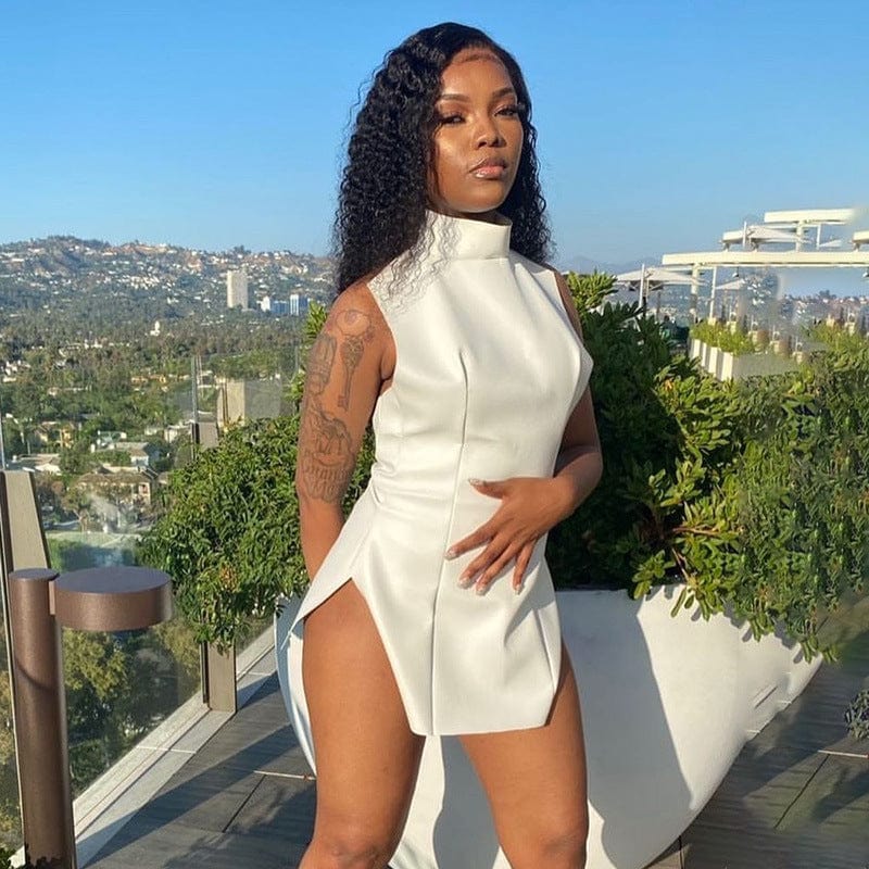 2022 New Spring Women Mini Dress Sexy Split  Ladies Sleeveless PU Leather Dress