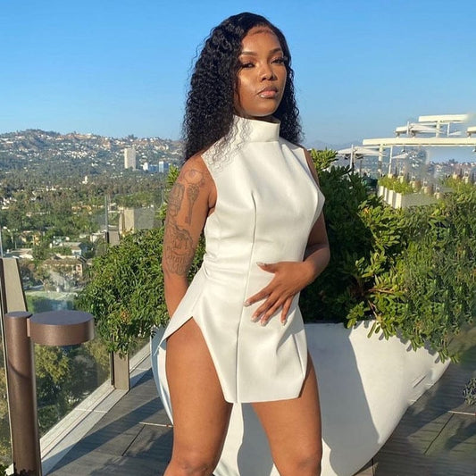 2022 New Spring Women Mini Dress Sexy Split  Ladies Sleeveless PU Leather Dress