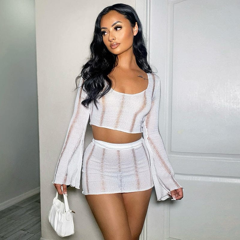 2022 New Style For Summer Women Two Piece Suits Solid Slim Two Piece Short Set For Women Long Sleeves Top With Mini Skirt Set