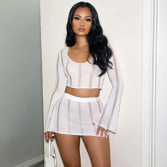 2022 New Style For Summer Women Two Piece Suits Solid Slim Two Piece Short Set For Women Long Sleeves Top With Mini Skirt Set