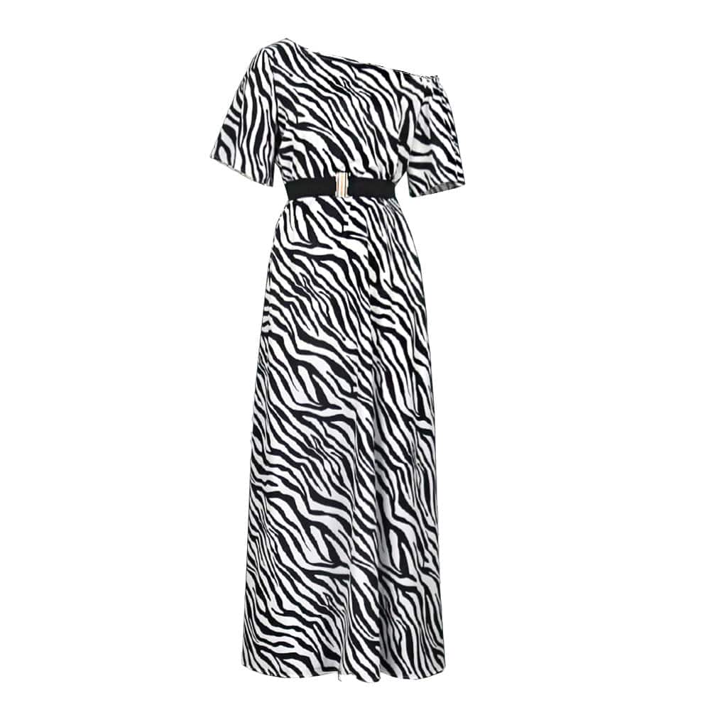 2022 New Year One Shoulder Waist Belt Zebra Printed Women Evening Dress
