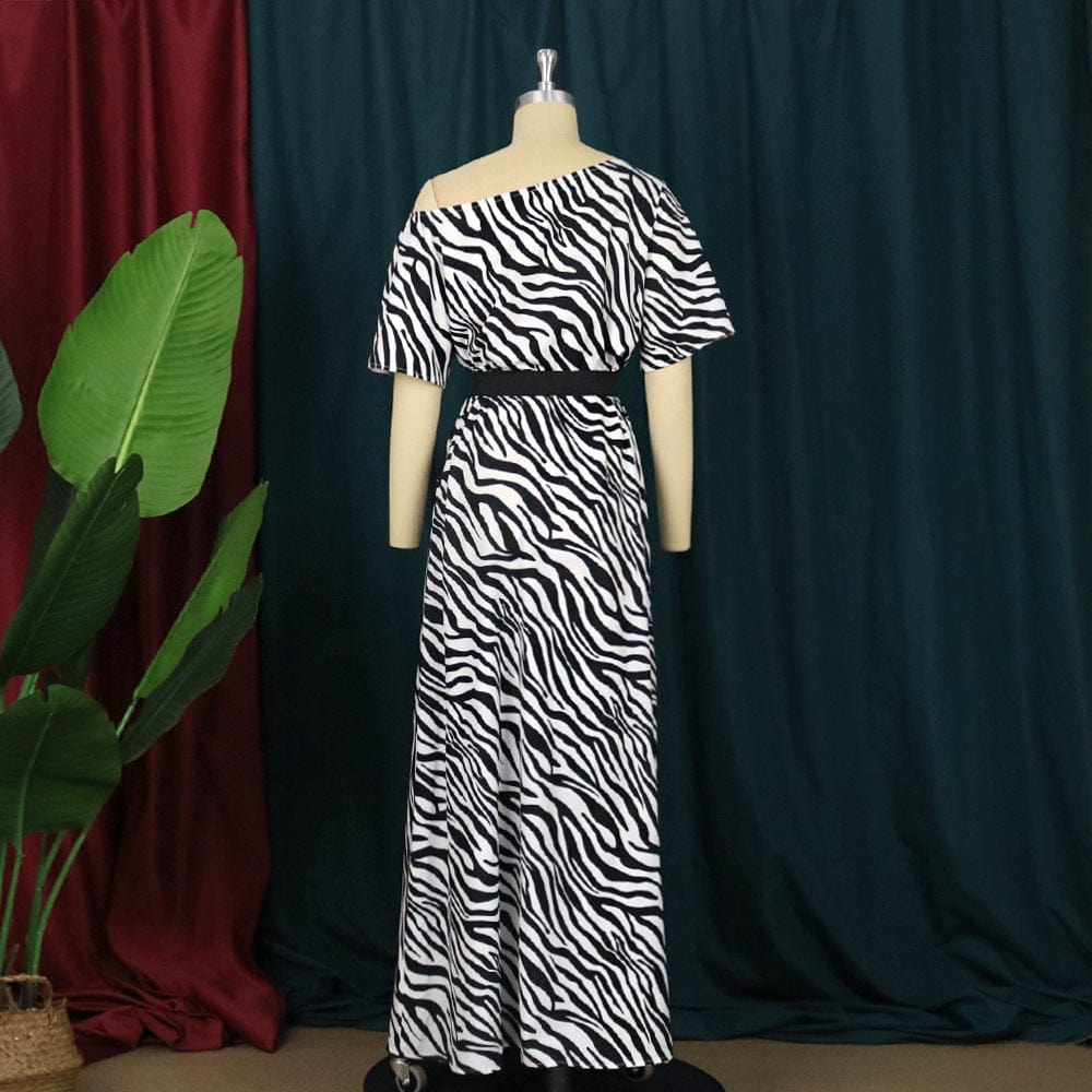 2022 New Year One Shoulder Waist Belt Zebra Printed Women Evening Dress