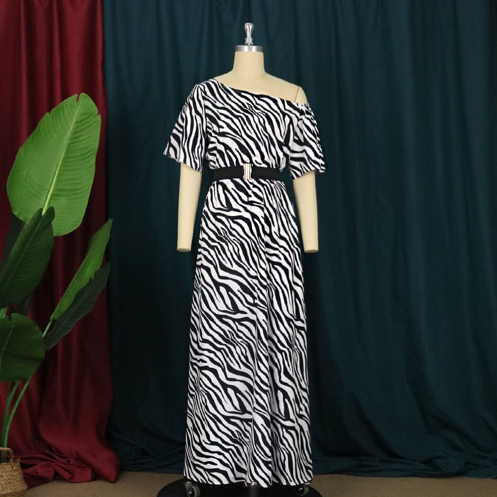 2022 New Year One Shoulder Waist Belt Zebra Printed Women Evening Dress