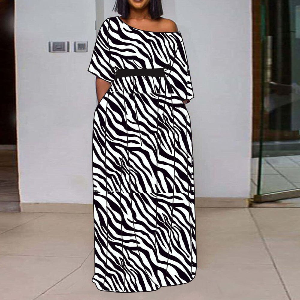 2022 New Year One Shoulder Waist Belt Zebra Printed Women Evening Dress