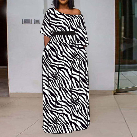 2022 New Year One Shoulder Waist Belt Zebra Printed Women Evening Dress