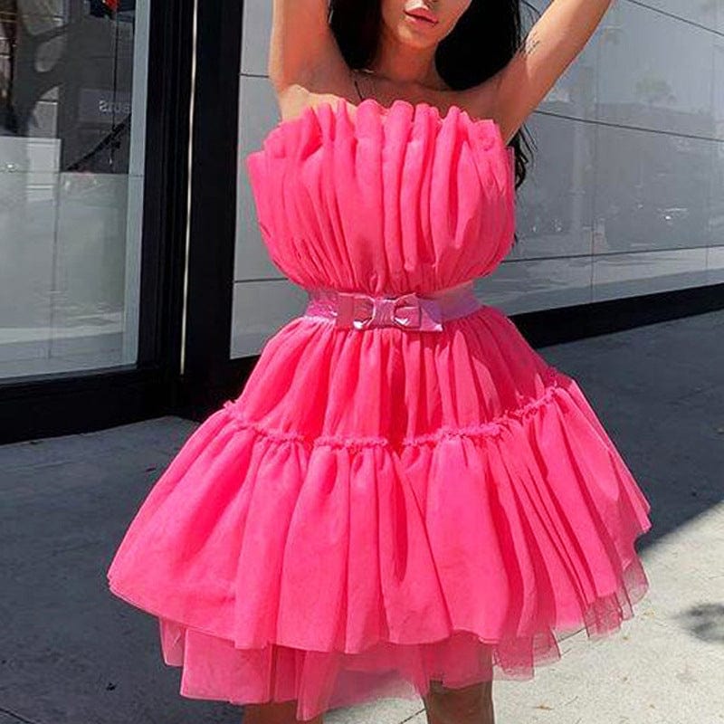 2022 Off Shoulder Ruffle Tulle Tutu Short Prom Gown With Bow Women Mini Dress