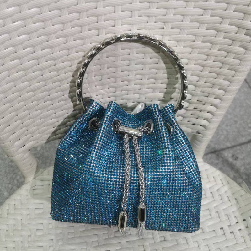 2022 Shenglu Hot Latest Designer Lady Rhinestone Bucket Tassel Handbag Purse Tote Blue Diamond Evening Shoulder Crossbody Bags