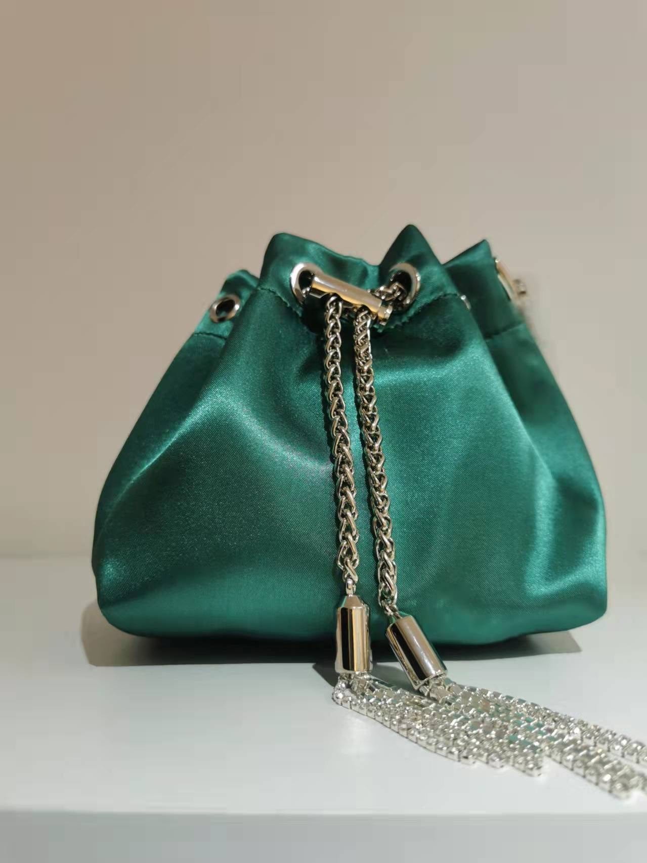 2022 Shenglu Real Factory Luxury Silk Bucket Rhinestone Purse Metal Handle New Lady Tote Fashion Handbags Shoulder Crossbody Bag