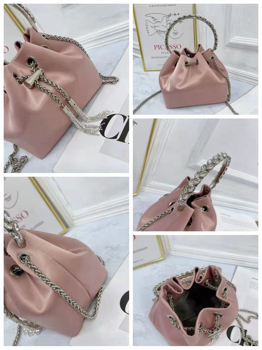 2022 Shenglu Real Factory Luxury Silk Bucket Rhinestone Purse Metal Handle New Lady Tote Fashion Handbags Shoulder Crossbody Bag