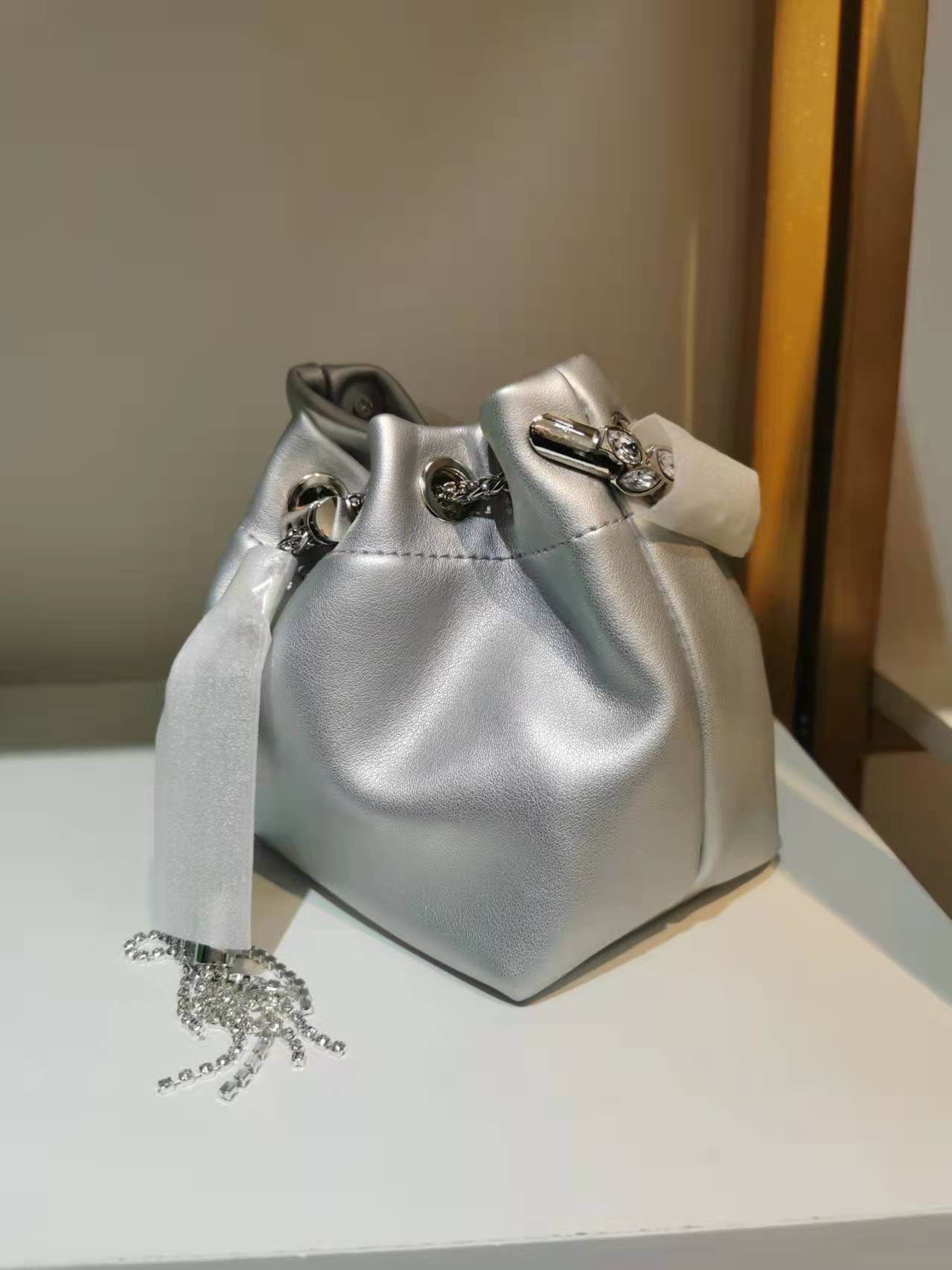 2022 Shenglu Real Factory Luxury Silk Bucket Rhinestone Purse Metal Handle New Lady Tote Fashion Handbags Shoulder Crossbody Bag