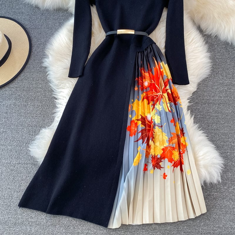 2022 Spring and Autumn Women Dress Long Sleeves Irregular Knitting Dresses Vintage printing sweater dresses