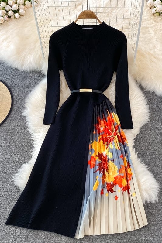 2022 Spring and Autumn Women Dress Long Sleeves Irregular Knitting Dresses Vintage printing sweater dresses