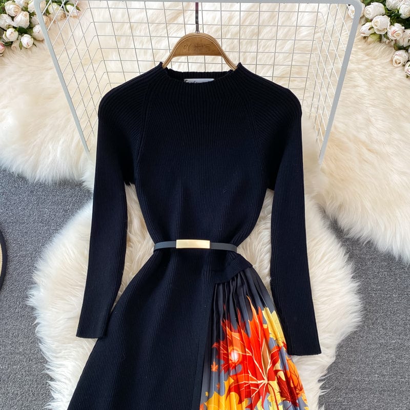 2022 Spring and Autumn Women Dress Long Sleeves Irregular Knitting Dresses Vintage printing sweater dresses