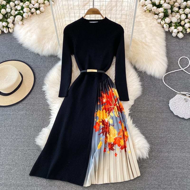 2022 Spring and Autumn Women Dress Long Sleeves Irregular Knitting Dresses Vintage printing sweater dresses