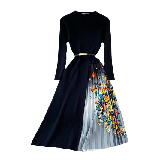 2022 Spring and Autumn Women Dress Long Sleeves Irregular Knitting Dresses Vintage printing sweater dresses