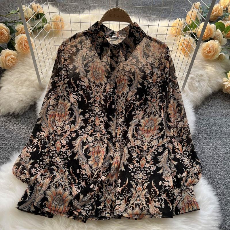 2022 spring new retro contrast color printing loose puff sleeve shirt women