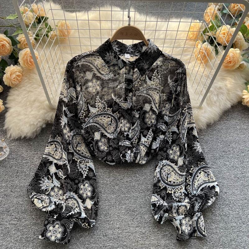 2022 spring new retro contrast color printing loose puff sleeve shirt women