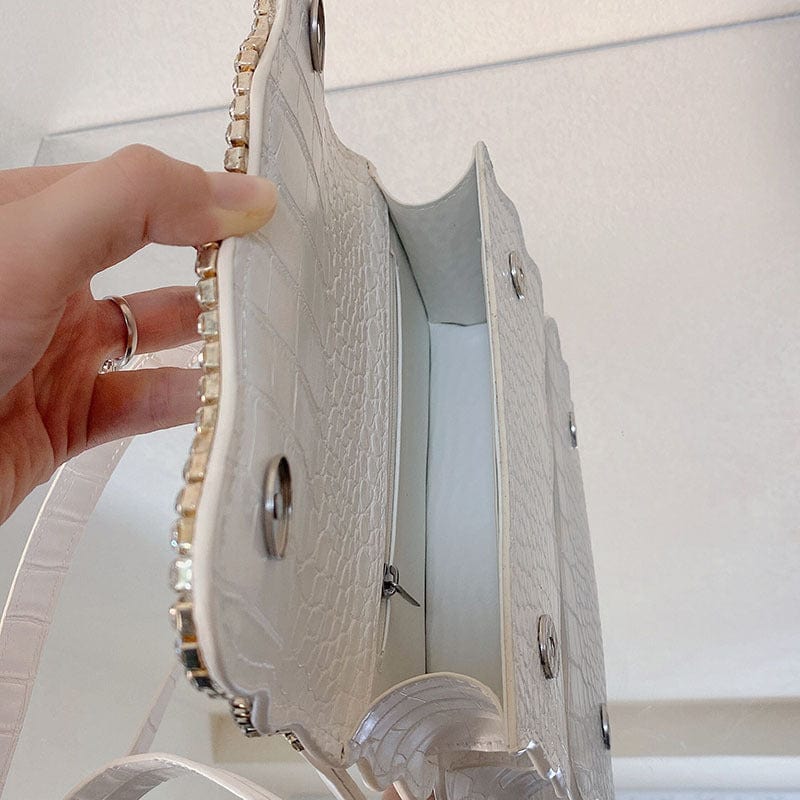 2022 Spring Summer New Arrival Women WAVY RUFFLED SASSY HANDBAG CROCODILE PURSE WITH RHINESTONE EDGE