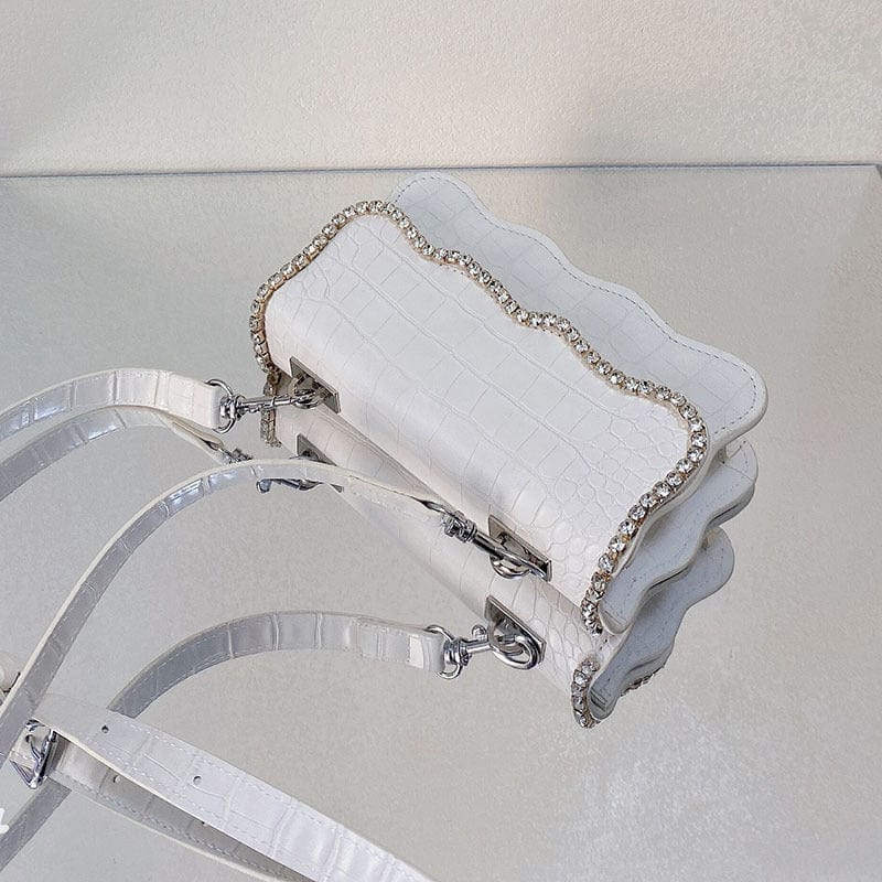 2022 Spring Summer New Arrival Women WAVY RUFFLED SASSY HANDBAG CROCODILE PURSE WITH RHINESTONE EDGE