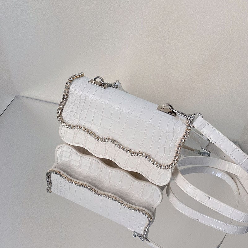 2022 Spring Summer New Arrival Women WAVY RUFFLED SASSY HANDBAG CROCODILE PURSE WITH RHINESTONE EDGE