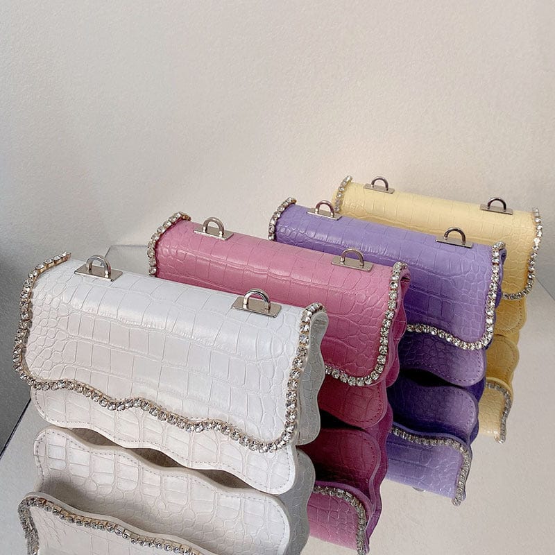 2022 Spring Summer New Arrival Women WAVY RUFFLED SASSY HANDBAG CROCODILE PURSE WITH RHINESTONE EDGE