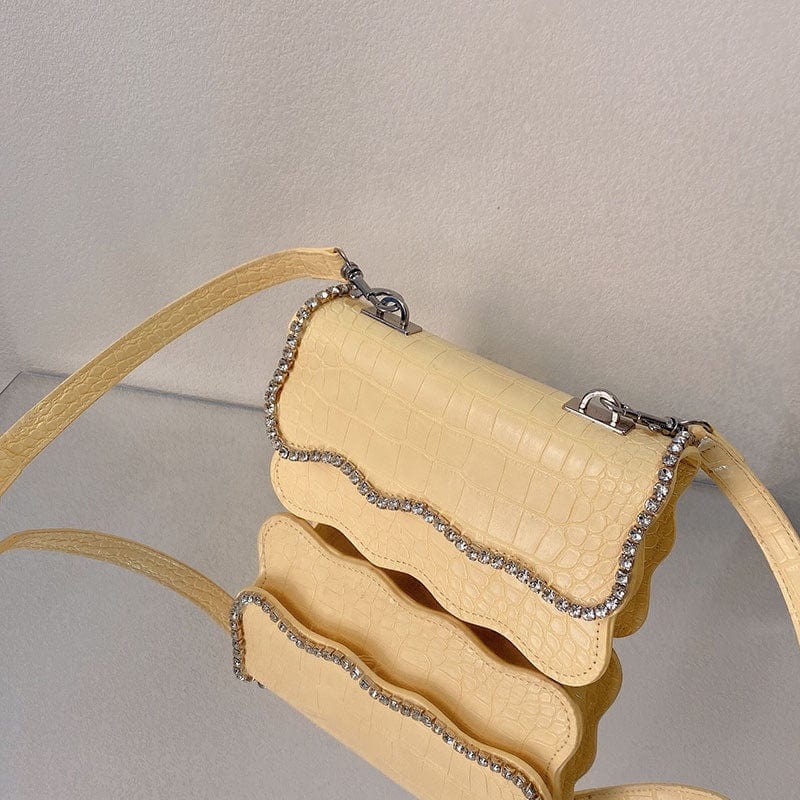 2022 Spring Summer New Arrival Women WAVY RUFFLED SASSY HANDBAG CROCODILE PURSE WITH RHINESTONE EDGE