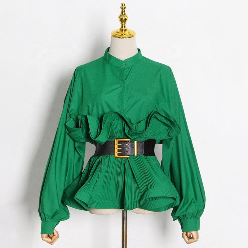 2022 Streetwear elegant puff sleeves blouse tops with belt stand collar ruffle ladies shirts blouses tops women