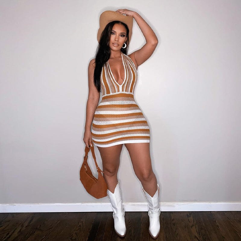 2022 summer hot new striped Halter backless dresses deep V knitted sweater dress gradient color open back beach holiday skirt