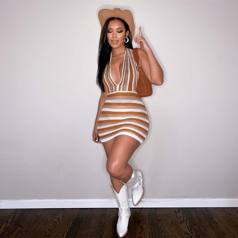 2022 summer hot new striped Halter backless dresses deep V knitted sweater dress gradient color open back beach holiday skirt