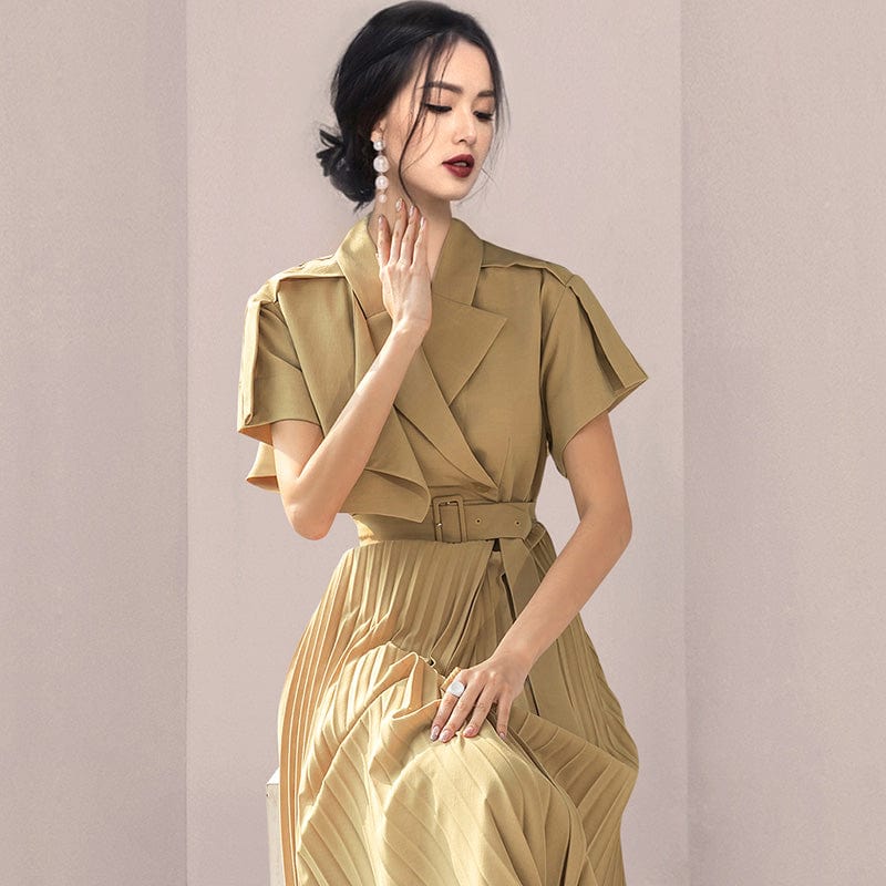 2022 summer new high-end temperament suit collar belt waist stitching pleated swing skirt dress HN06080108