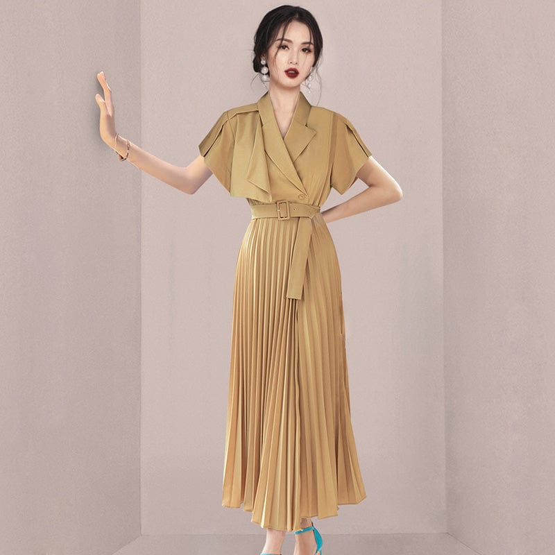 2022 summer new high-end temperament suit collar belt waist stitching pleated swing skirt dress HN06080108