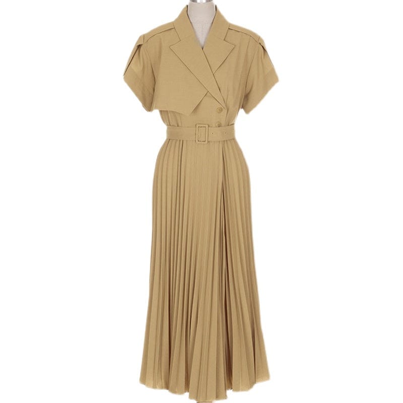 2022 summer new high-end temperament suit collar belt waist stitching pleated swing skirt dress HN06080108
