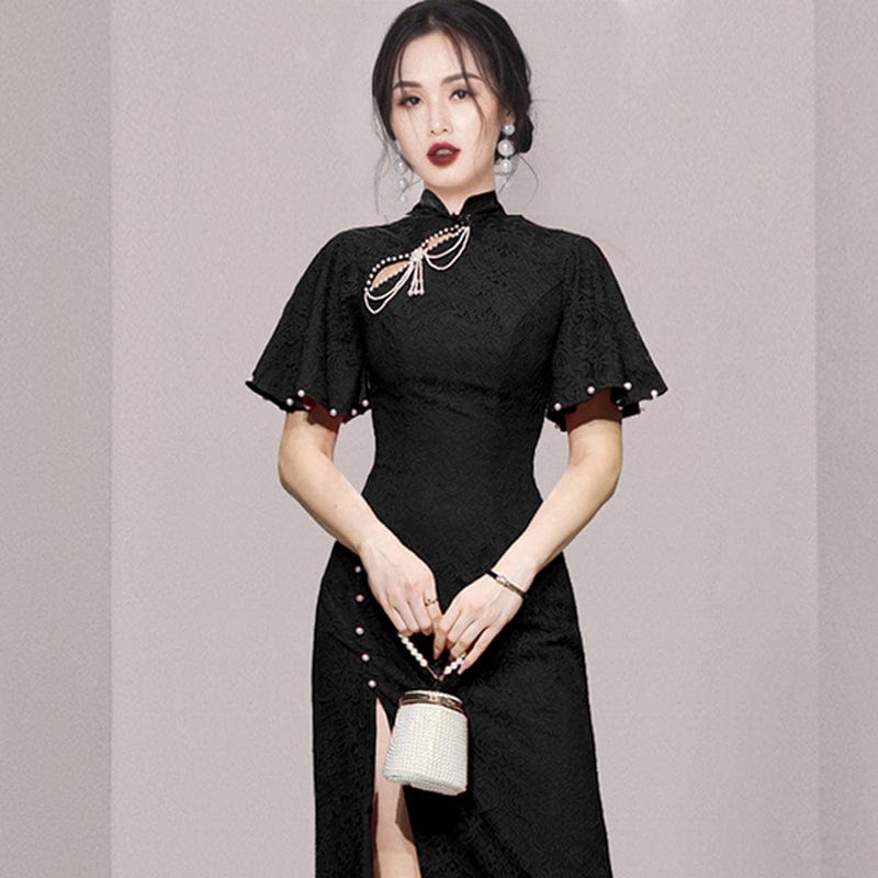2022 summer new slim temperament beaded retro sexy split lace cheongsam dress HN0594088
