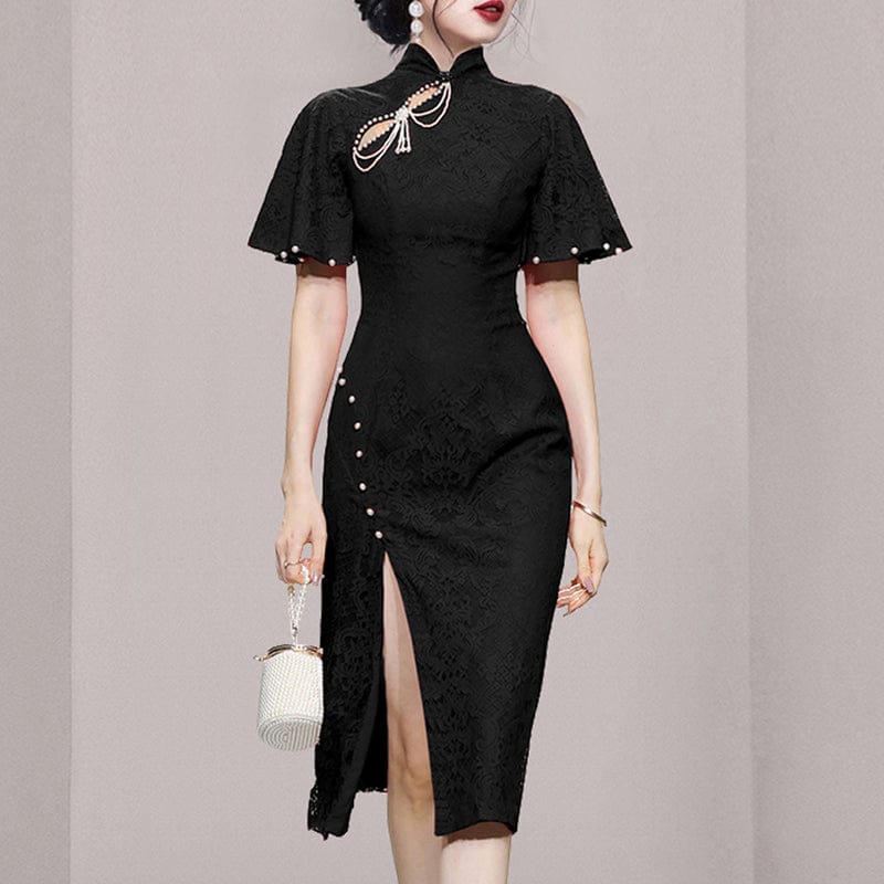 2022 summer new slim temperament beaded retro sexy split lace cheongsam dress HN0594088