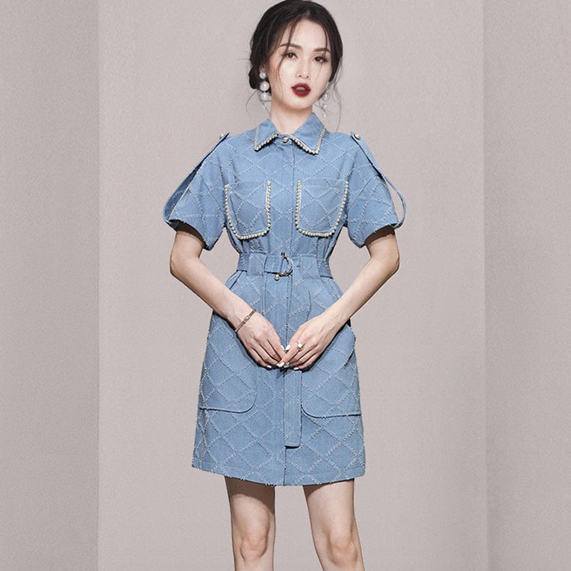 2022 summer new temperament short-sleeved slim belt waist denim skirt heavy industry beaded dress female HN0612088