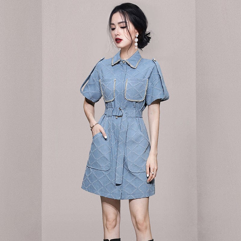2022 summer new temperament short-sleeved slim belt waist denim skirt heavy industry beaded dress female HN0612088