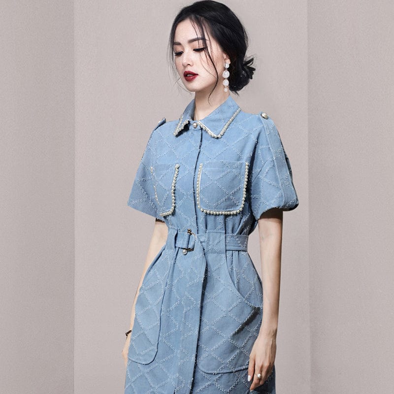 2022 summer new temperament short-sleeved slim belt waist denim skirt heavy industry beaded dress female HN0612088