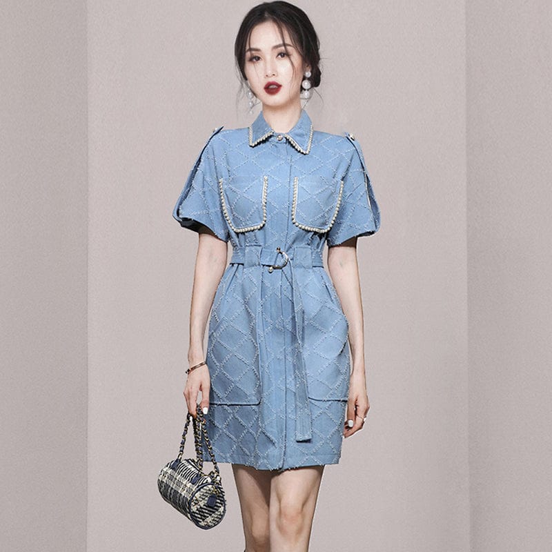 2022 summer new temperament short-sleeved slim belt waist denim skirt heavy industry beaded dress female HN0612088