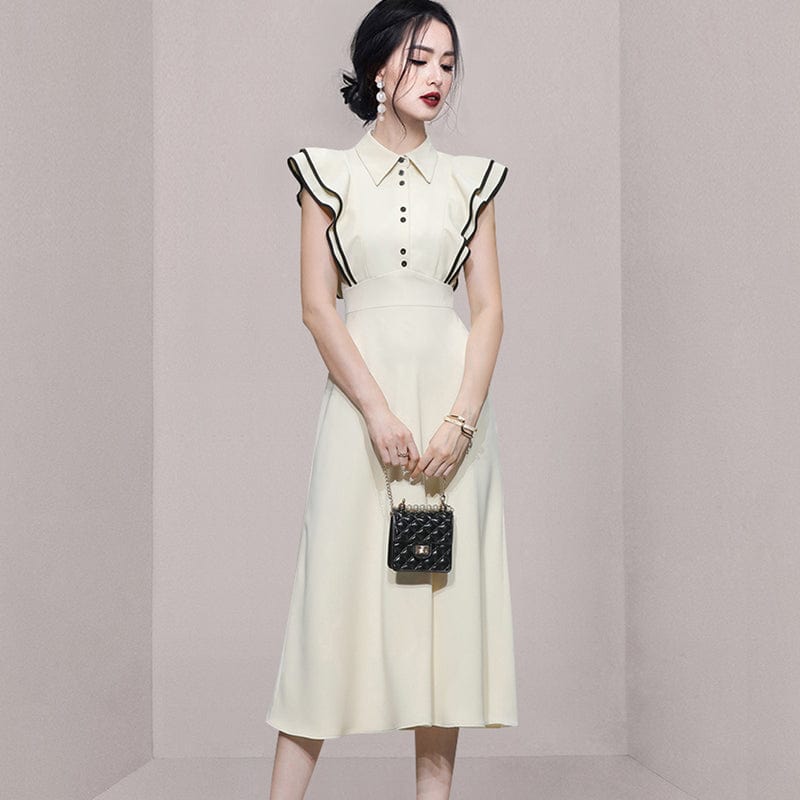 2022 summer new temperament spelling waist fashion lotus leaf sleeve large swing long skirt dress female HN0628083